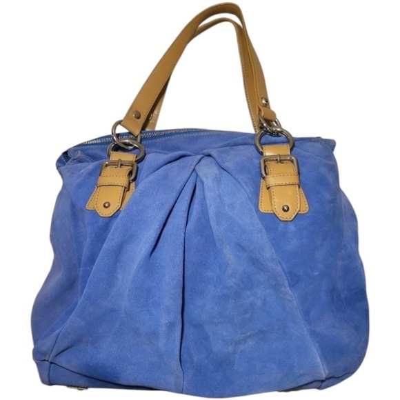 Nine West Handbags - Nine West Periwinkle Blue Suede Handbag Pleating Zipper Pocket Beige Handle
